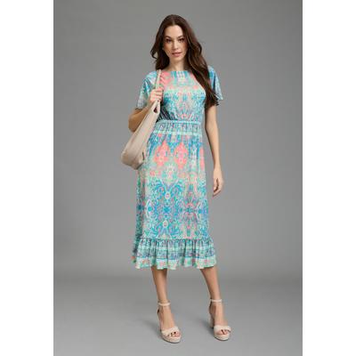 Sommerkleid BRUNO BANANI, Damen, Gr. 42, N-Gr, bunt (mint, paisley), Jersey, Obermaterial: 95% Polyester, 5% Elasthan, Paisley, ausgestellt wadenlang, Rundhals, Flügelärmel, Kleider Sommerkleid, casual Stil, für Freizeit, aus Polyester und Elasthan