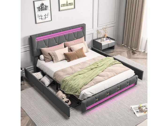 Lit double 160x200 cm - LUMINARIX - Rembourré avec LED - 4 tiroirs - Gris - Design contemporain
