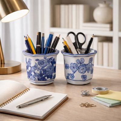 Sagebrook Home "Ceramic Storage Containers Floral Scenic Design (Set of 2) - 4"" Blue - 4.0"""