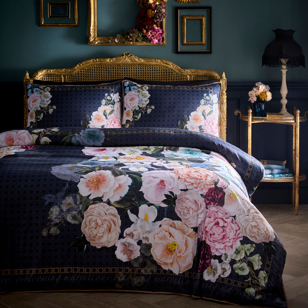 Laurence Llewelyn-Bowen Bouquet List Duvet Cover Set Navy Navy Super King Bed (260 x 220 cm)