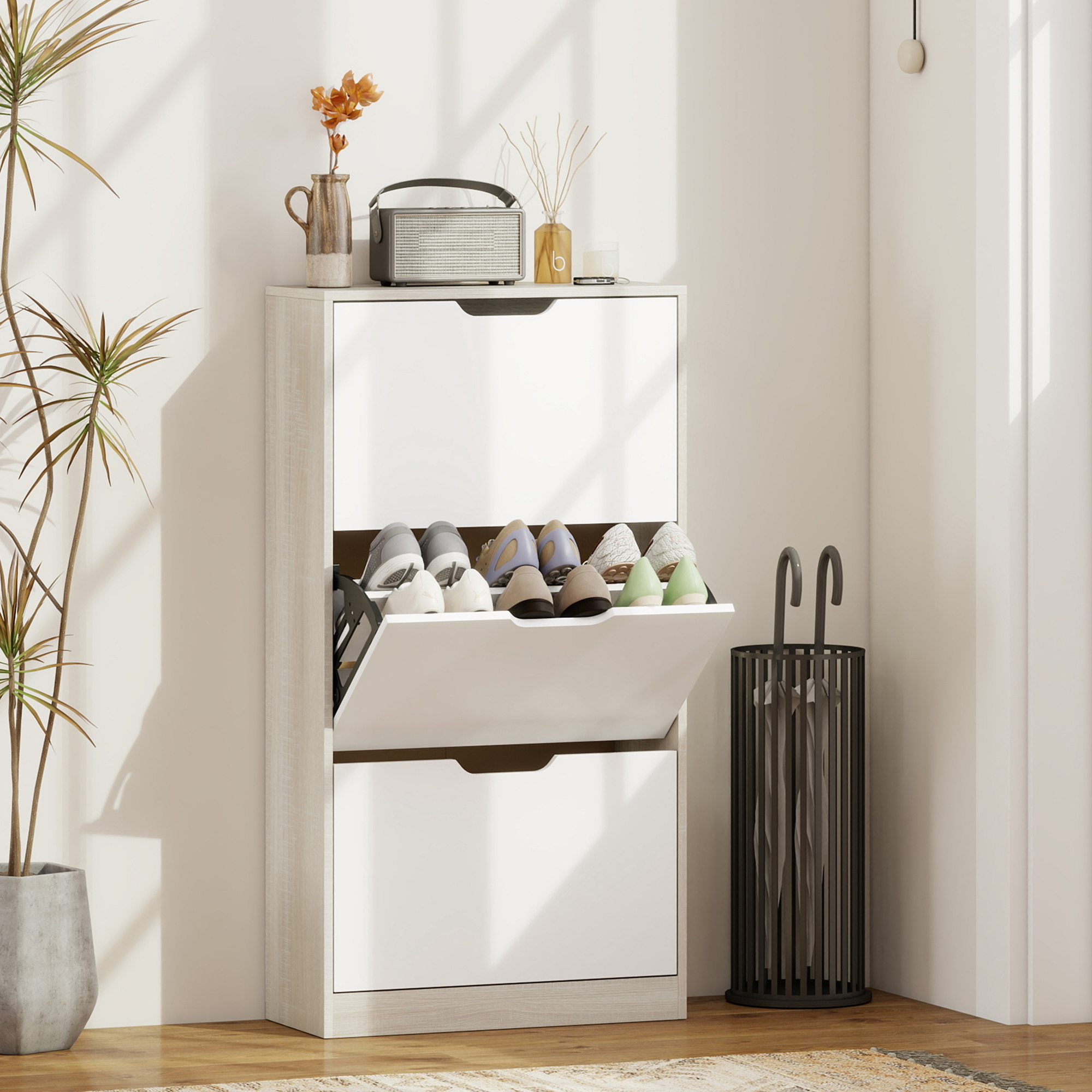 Homcom Scarpiera Salvaspazio Slim a 3 Cassetti per 18 Paia di Scarpe 62.5x26x117.5 cm, color Legno e Bianco   Aosom Italy
