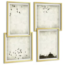 BILDER SET 4er Set - 50x50 cm & 40x60 cm Goldrahmen - Minimalistische Vogelmalerei