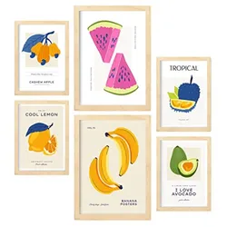 POSTER Set Mit 6 Lebensmittel Und Ernährungs Bunte Früchte Natur Und Ernährungs Für Innenarchitektur A3 & A4 Rahmen Aus Hellem Holz