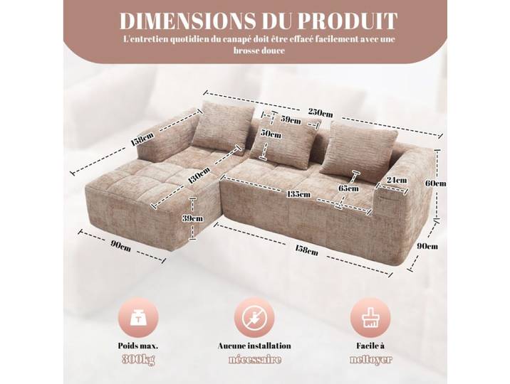 MEULVA Canapé d'angle modulable 3 places en chenille kaki avec méridienne 3 coussins et poches latérales