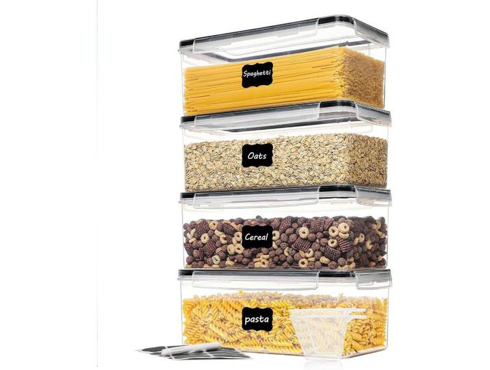 Vorratsdosen-Set 4-teilig 3,2L luftdicht BPA-frei mit Etiketten und Messbechern, Mehrfarbig, Kunststoff, 13.2x11.7x27.4 cm, Küchenzubehör, Vorratsbehälter, Vorratsdosen