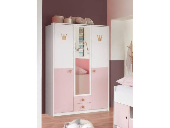 Kleiderschrank Cindy in Weiß und Rosa 3trg mit Spiegel