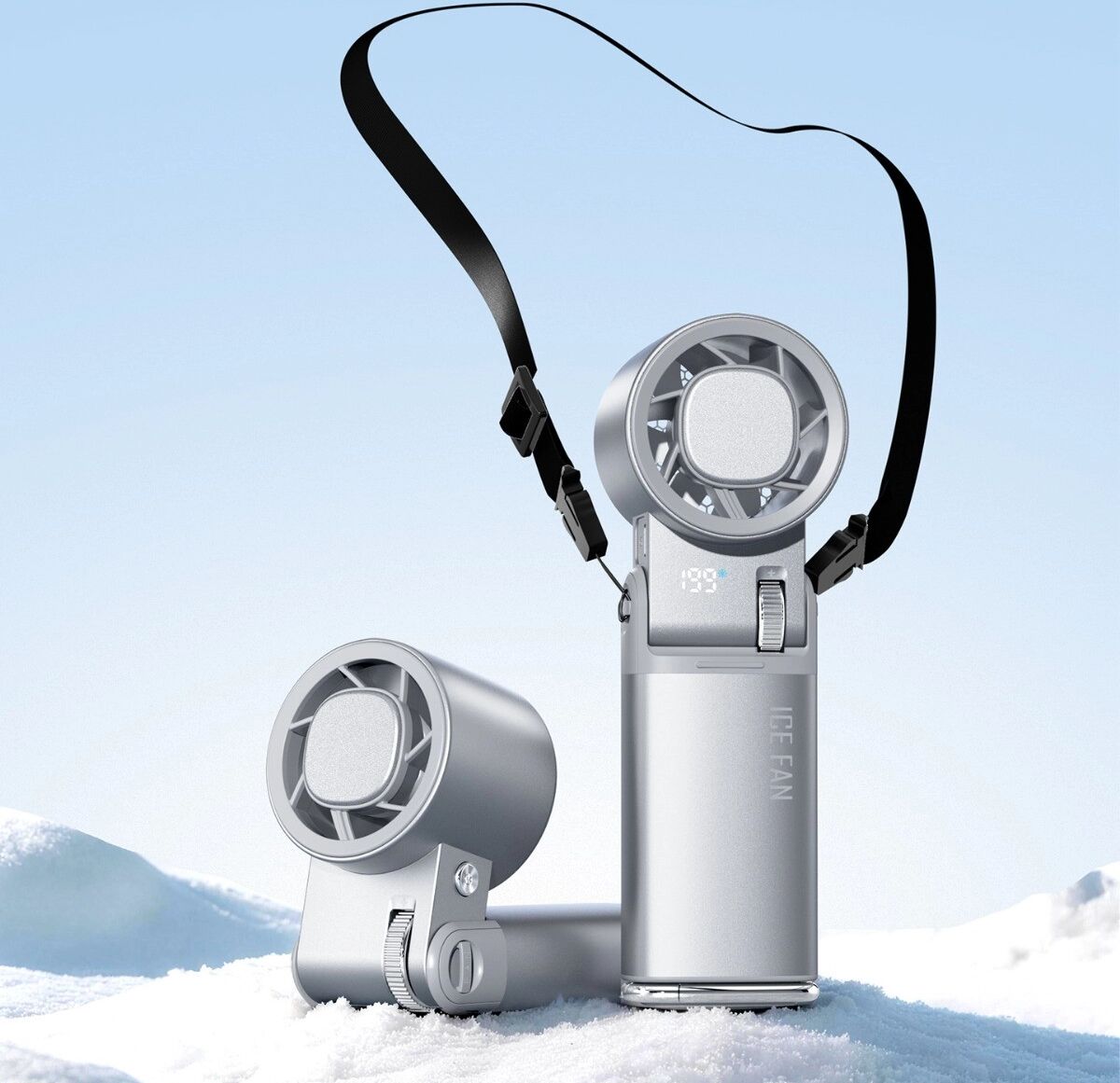 INF Tragbarer Hals-Eis-Pack-Kühlventilator — 13500rpm Turbo, TYPE-C wiederaufladbar, faltbar mit LED-Display und Taschenlampe Silber