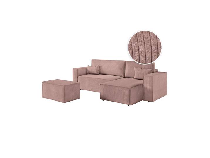 PACK - CLARISSE - Canapé d'angle convertible réversible avec pouf en velours côtelé - Vieux rose