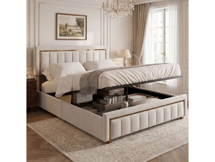 Lit coffre - SORVAGLOS - 160 x 200 cm - lit double - Velours blanc - 2 places - Design contemporain