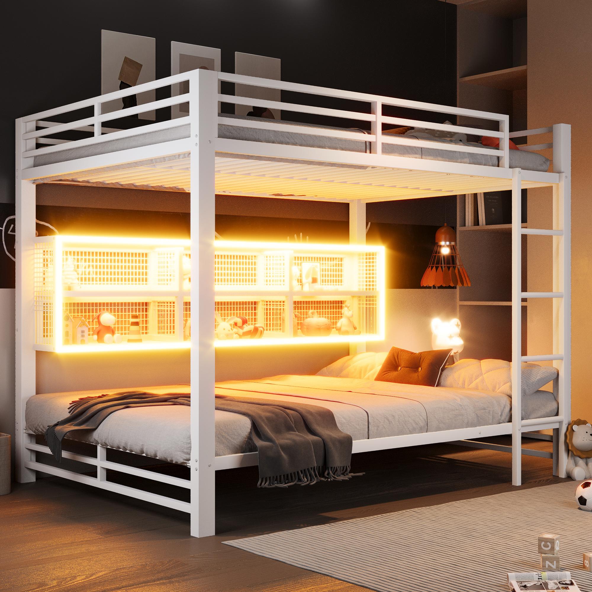 Etagenbett 140x200 cm mit 6 Stauraumschränken, LED-Beleuchtung, Rausfallschutz und Metalllattenrost, Metall, Weiß