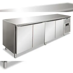 KLIMAITALIA Tropischer viertüriger Edelstahlkühltisch. Automatisches Auftauen. Temperatur -2°C/+8°C.  Maße LxDxH 2230x60x86 cm. SNACK4100TNF