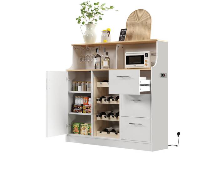 Modfu Sideboard aus MDF 120x40x121 cm Weiß/Natur mit LED-Beleuchtung, Steckdose, Weinregal und Gläserhalter, 120x121x40 cm, Kleinmöbel, Kommoden, Sideboards
