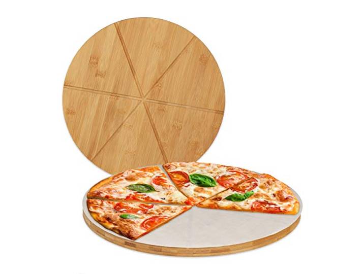 Relaxdays Planche pizza\, bambou\, x8\, assiette ronde 33 cm\, papier de cuisson\, avec rainures pour le découpage\, nature