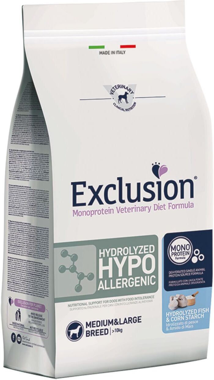 Exclusion Diet Hydrolyzed Hypoallergenic Medium Large Pesce e Amido di Mais per Cani 12 Kg