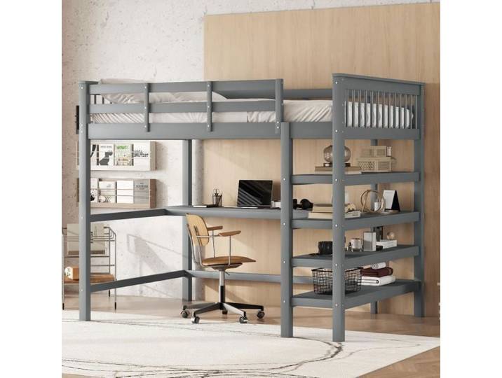 Lit mezzanine - DREAMMESPACE - 140x200cm - Bureau intégré - Gris - 2 places