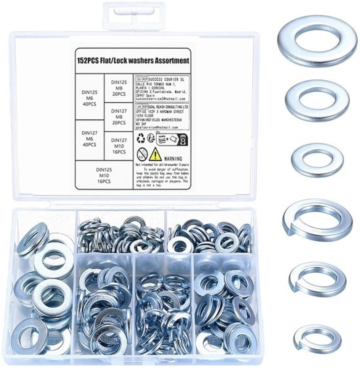 Set van 152 sluitringen M6, M8, M10 - DIN 127 veerringen en DIN 125 platte sluitringen