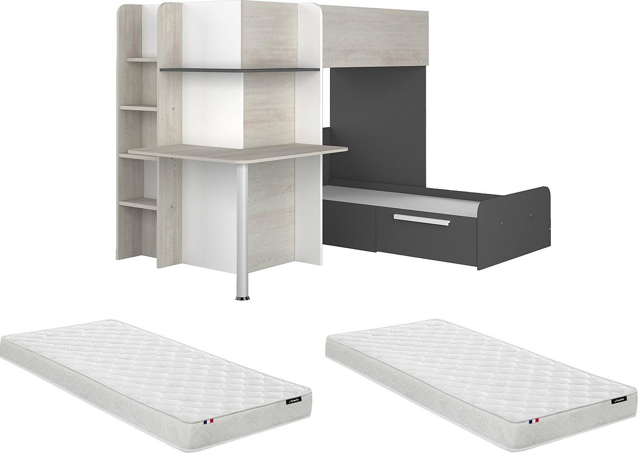 Eck-Hochbett - 2 x 90 x 190 cm - mit Schreibtisch - Grau, Weiß & Schwarz + Matratze - SAMUEL