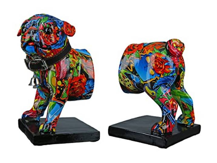 Casablanca Deko 1 Paire de Serre-Livres Support CD - Figurine d'animal Mops Figurine de Chien avec Collier Cloche - Design : Street Art Graffiti Roses - Multicolore Longueur Totale 22\,5 cm