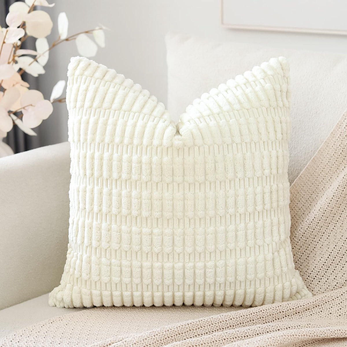 Corduroy kussenhoes set van 1 stuk, Boho gestreepte vierkante decoratieve kussenhoes voor bank of slaapkamer, crème beige, 50 x 50 cm