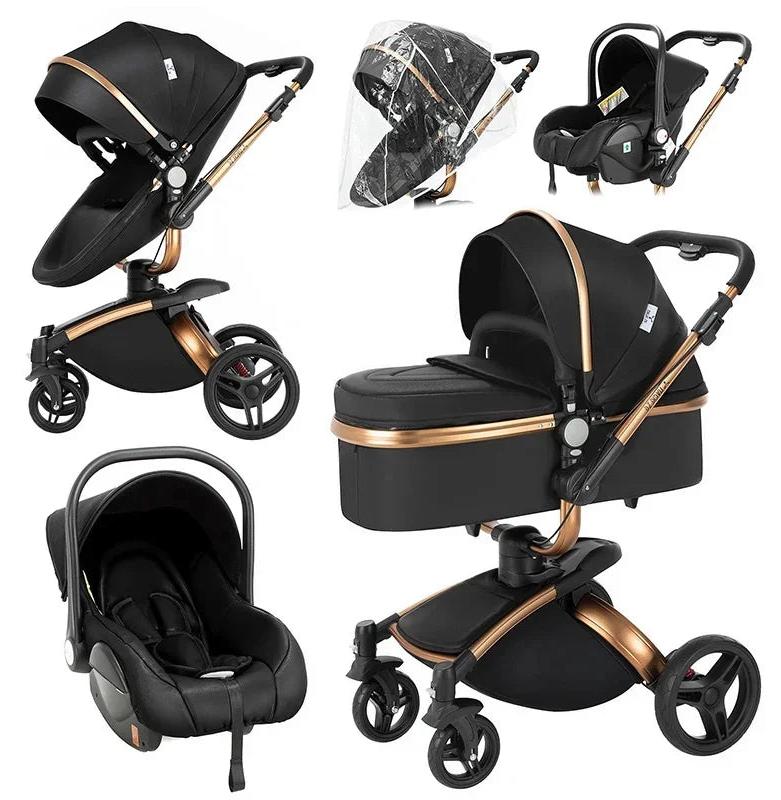 Kinderwagen - 3-in-1 Babywagen - Kombiwagen - Buggy - Faltbar und kompakt - Schwarz