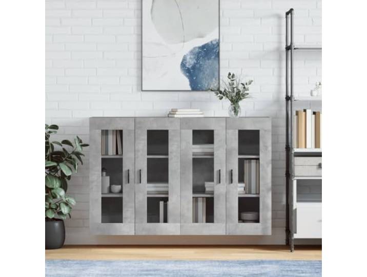 Wandschrank 2 Stück Betongrau Holzwerkstoff Hängeschrank mit Glastür Glastür, Wandmontage, Sideboard-Aufsatz, Feuchtigkeitsbeständig, glatte Oberfläche, robust, 2 Stück, Betongrau
