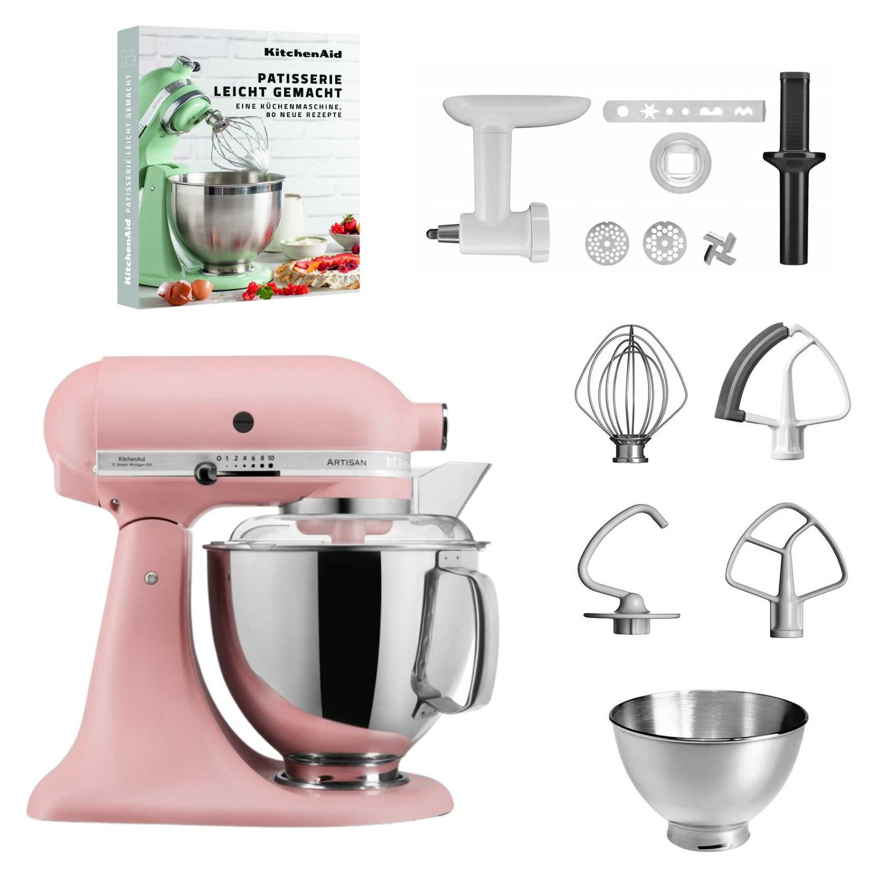 KitchenAid 4,8 L 5KSM175 Artisan Küchenmaschine Pastrylover mit Kunststofffleischwolf+Spritzgebäckvorsatz und Patisserie Buch Altrosa