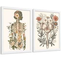 POSTER Set aus 2 Anatomie Mensch Drucke und Wandbilder mit Weiblicher Silhouette und Fortpflanzungssystem Botanischer Stil Größe Weißer Rahmen A4