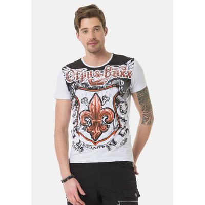 T-Shirt CIPO & BAXX "T-Shirt", Herren, Gr. L, weiß, 95% Baumwolle, 5% Elasthan, bedruckt, regular fit, Rundhals, Shirts T-Shirt, mit rockigen Wappen- und Flügelprints