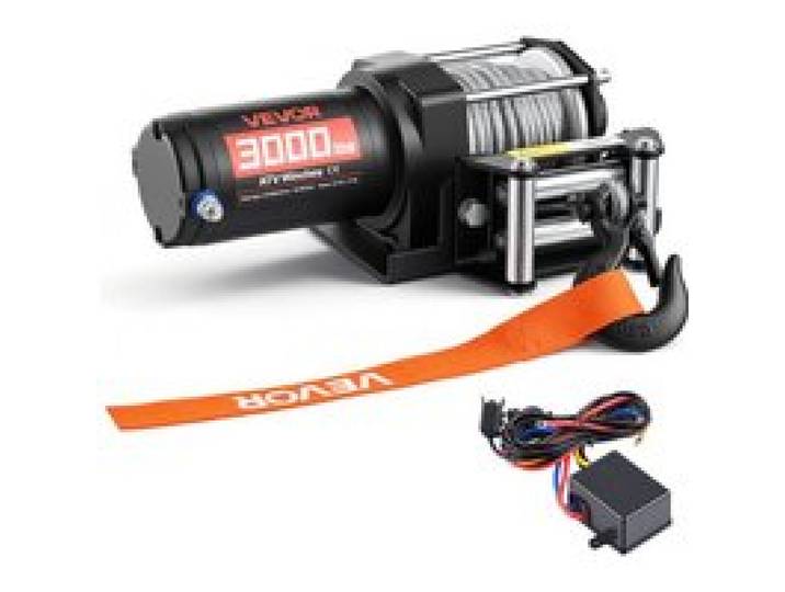 VEVOR Elektrische Seilwinde 1360 kg, 12 V DC Motorwinde mit Φ4,7 mm x 12 m Stahlseil & Kabelgebundener Fernbedienung, IP55, Aluminiumgehäuse, Elektrowinde zum Abschleppen von ATVs, Schwarz