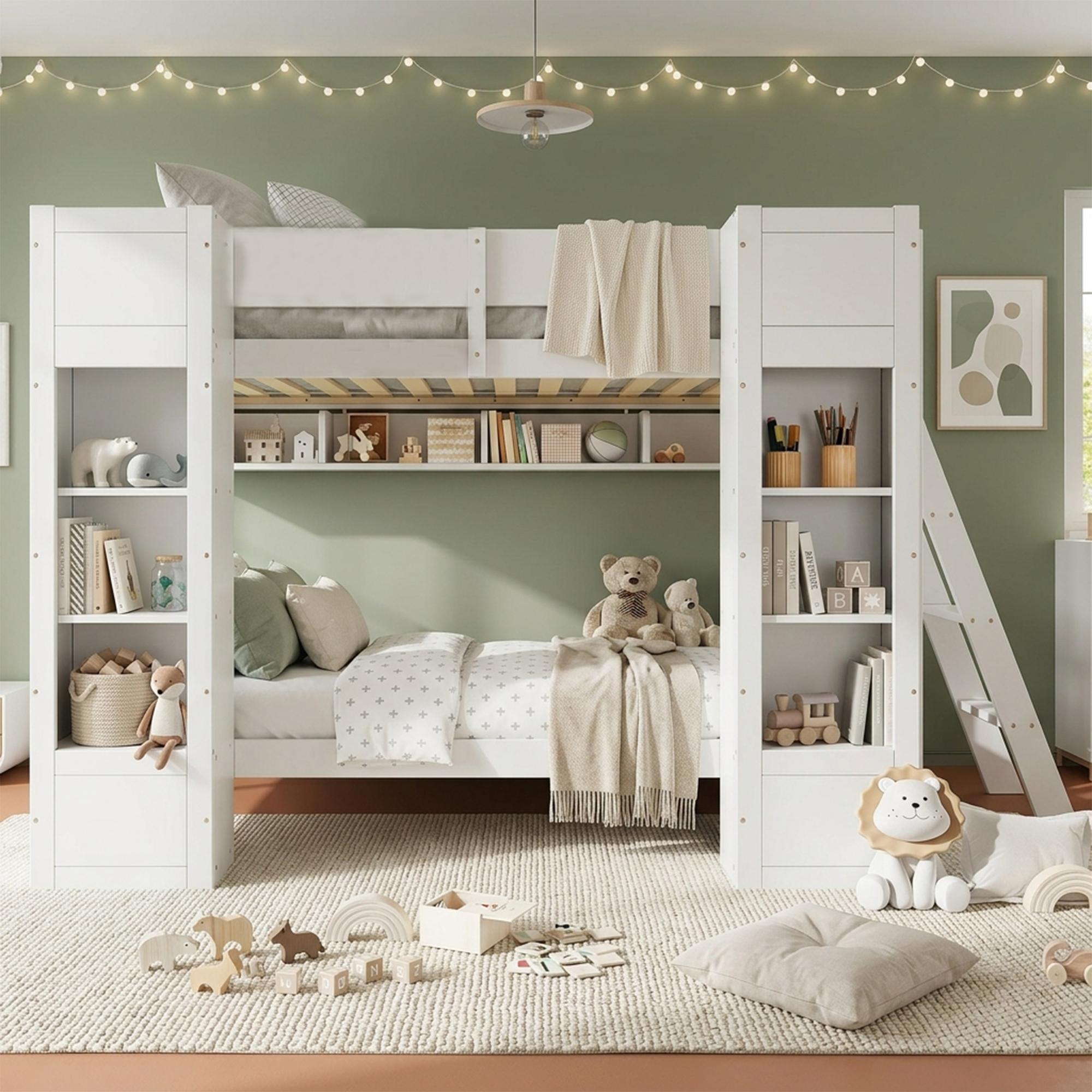 Flieks Etagenbett 90x200cm mit Regal, Kinderbett mit Ablagen, Hochbett mit Leiter und Rausfallschutz, Stockbett 2 Kinder, Weiß