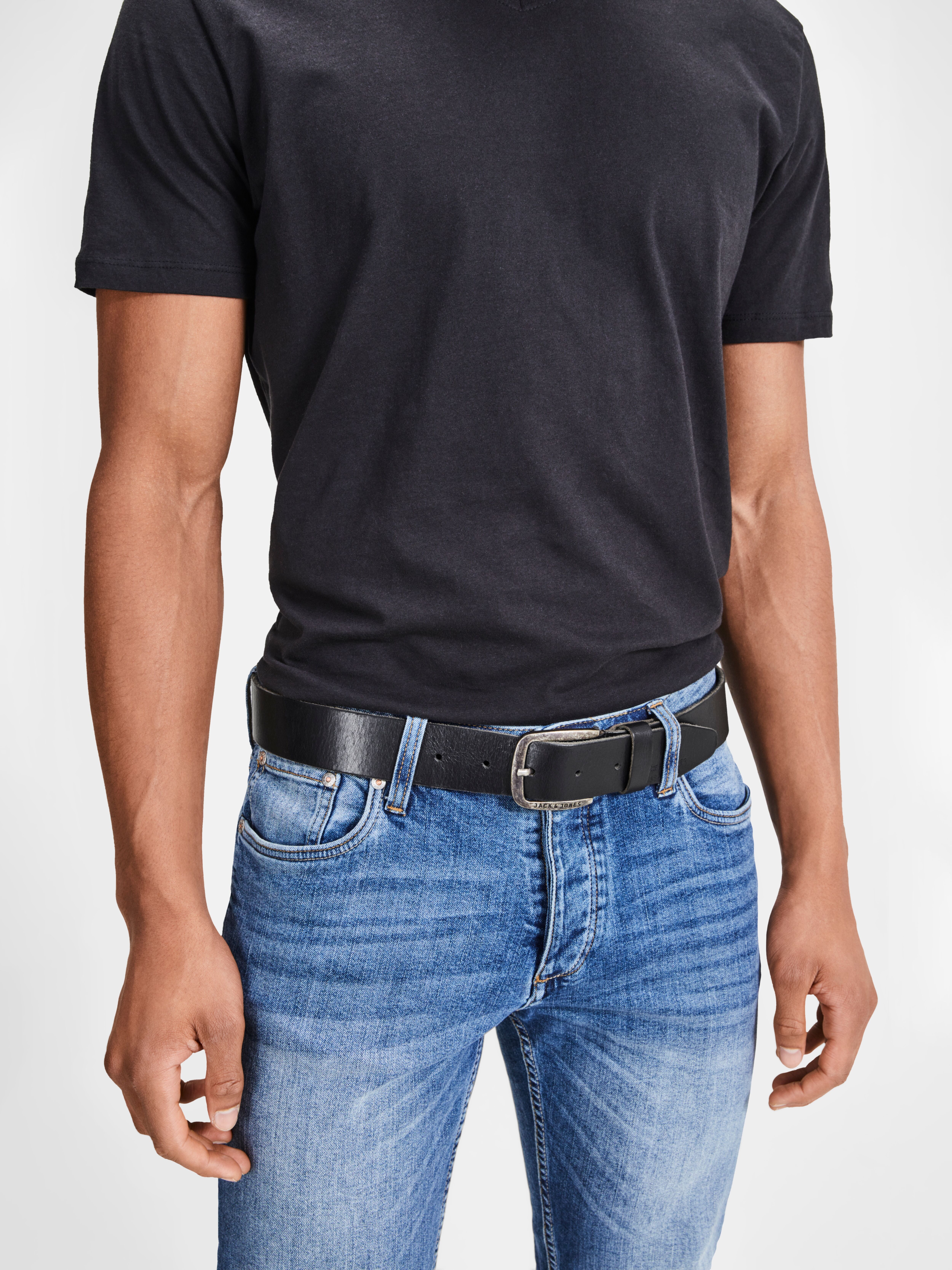 Ledergürtel JACK & JONES "JACPAUL LEATHER BELT NOOS", Herren, Gr. 90, schwarz, Leder, unifarben, Gürtel Ledergürtel schwarz 90