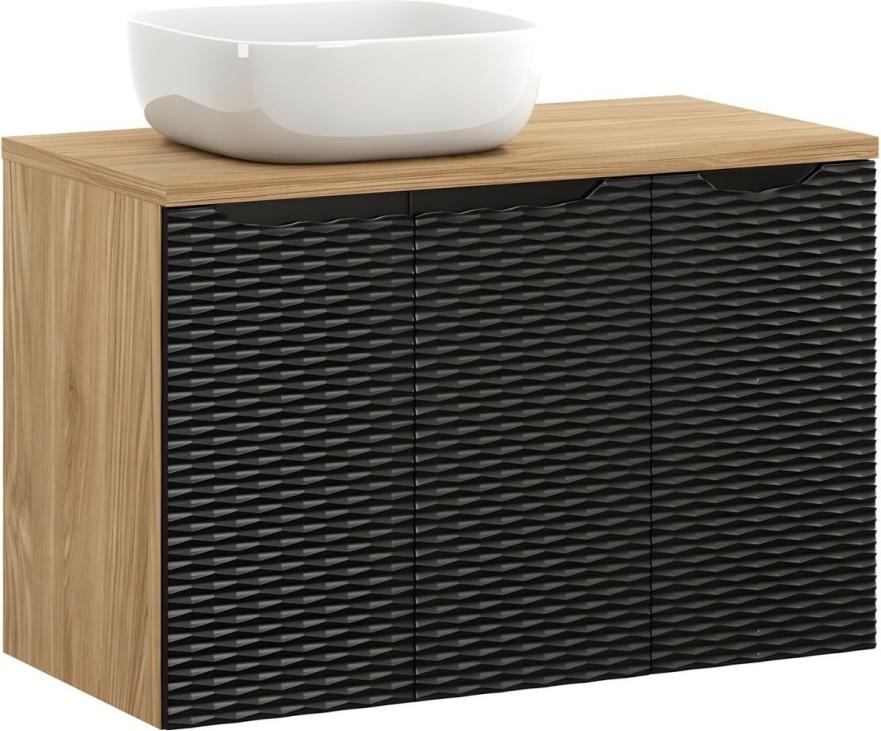 Badezimmer-Set YOKA schwarz: Unterschränke mit Schrank 90cm + Platte für Waschbecken + Aufsatzwaschbecken