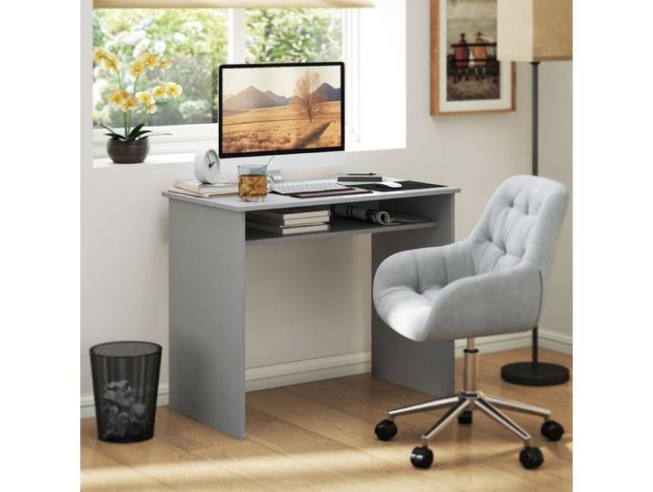 Bureau informatique sobre épuré compact avec 1 étagère panneaux de particules dim. 90l x 50P x 74H cm gris