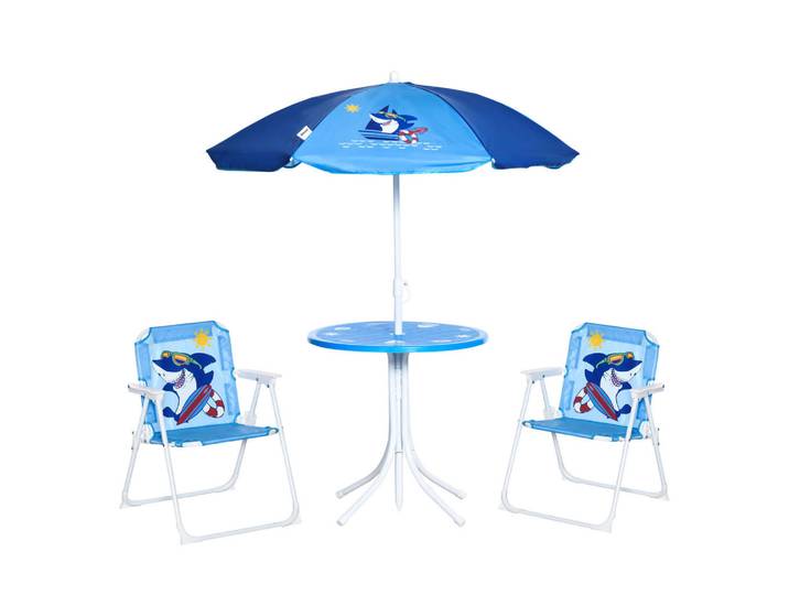 Outsunny 4 tlg. Kindersitzgruppe Garten 2 Klappstühle Sonnenschirm 3-6 Jahre Blau, Metall, Gartenmöbel, Gartengarnituren, Gartenmöbel-Sets