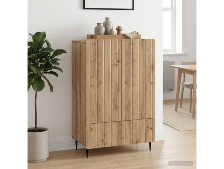 KTHLBRH Sideboard Eiche Handwerk 66 x 34,5 x 97 cm Langlebiges Engineering Holz, 1 Schublade, 2 Türen, Tapered Eisen Beine, pflegeleicht
