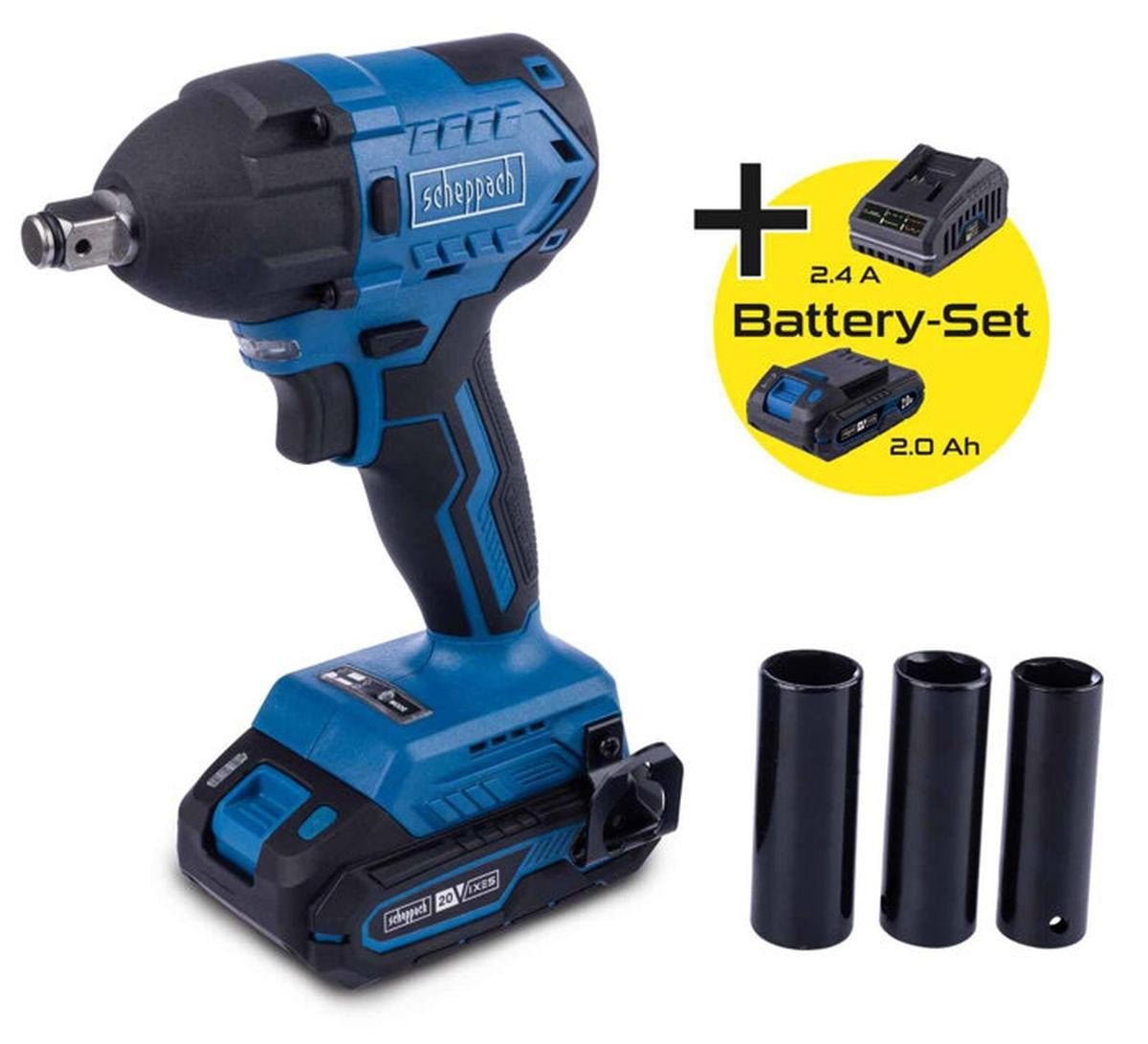 Scheppach BC-IW350-X Cordless Impact Wrench 1/2 inch Brushless 180Nm/350Nm 3600 bpm met 3 Douilles, 20V IXES, 2Ah Accu en 2.4A Lader