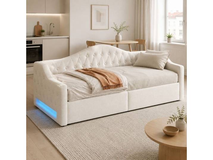 Lit banquette simple 90×200 - ZEVKOR - 90×200 cm - LED réglable - Rangement sous-lit - Bois & lin beige
