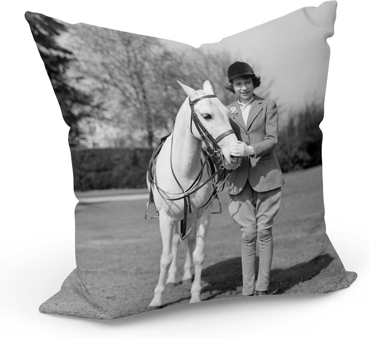 Sierkussenhoes 40x40 cm Zwart Wit Queen Elizabeth II met Paard Vintage Stijl