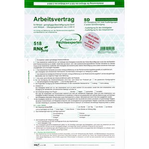RNK Arbeitsvertrag 518, A4, geringfügig und Teilzeit-Beschäftigte, 2 x 2 Blatt