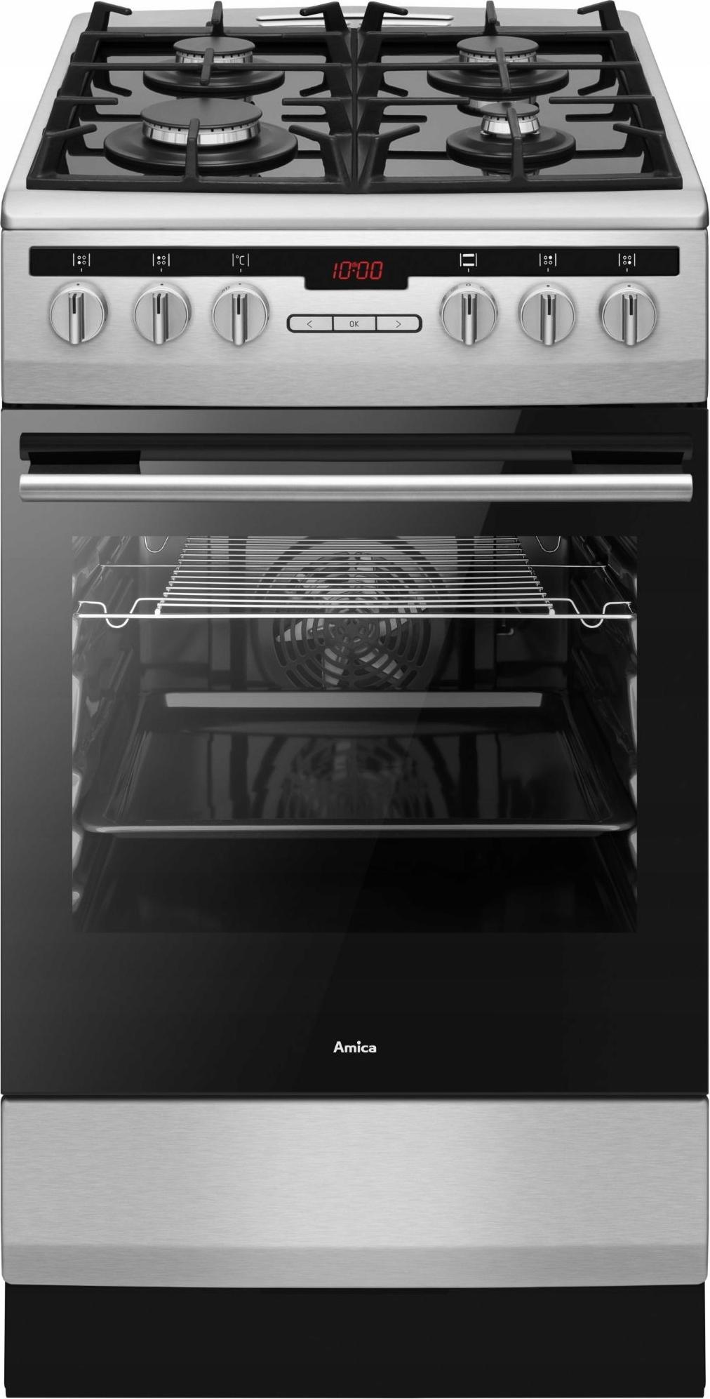 Amica 57GcES3.33HZpTaA(Xx) PIZZA, Freistehender Herd, Edelstahl, Tasten, Drehregler, LED, Emaille, Schublade