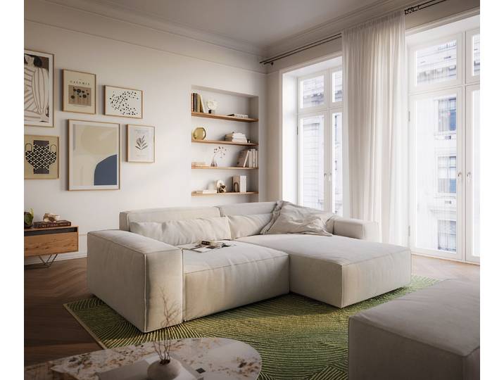 Ecksofa Sirpio XL 270x170 cm Strukturstoff Soft Beige Recamiere variabel mit Hocker, Ecksofas