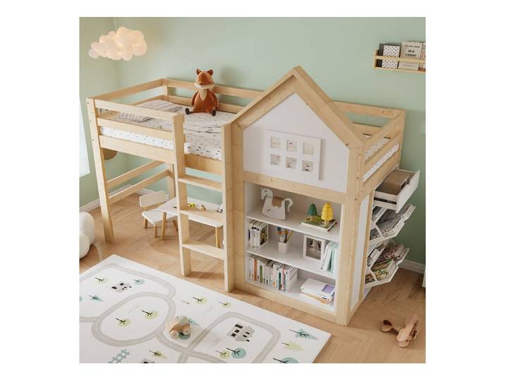 STILVORA Hochbett 90x200 Kinderbett mit Staufächern Schubladen und Sicherheitsgeländer (Funktionbett mit Stabile Stufen, mit Hausförmiges Exklusivdesign) Sicherheitsgeländer + stabile Stufen
