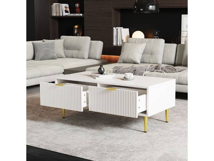 Table basse avec décoration dorée 2 tiroirs vertical à rayures 100x50x40 cm blanc
