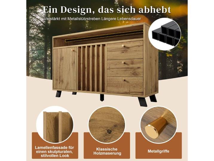 BEL Buffet Commode 3 Tiroirs 2 Portes 120x40x85cm Chêne Foncé Compartiment Ouvert Façade Lattes Style Vintage