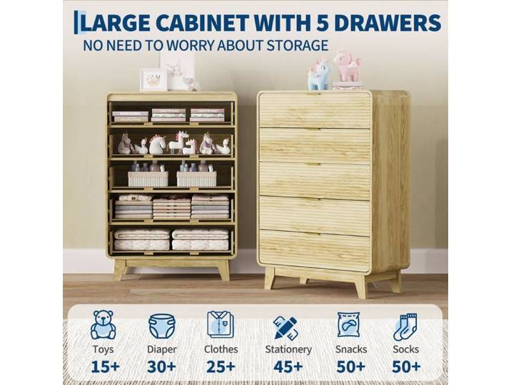 Commode 5 tiroirs à rainures chêne clair 116cm poignées dorées anti-basculement pour chambre salon entrée