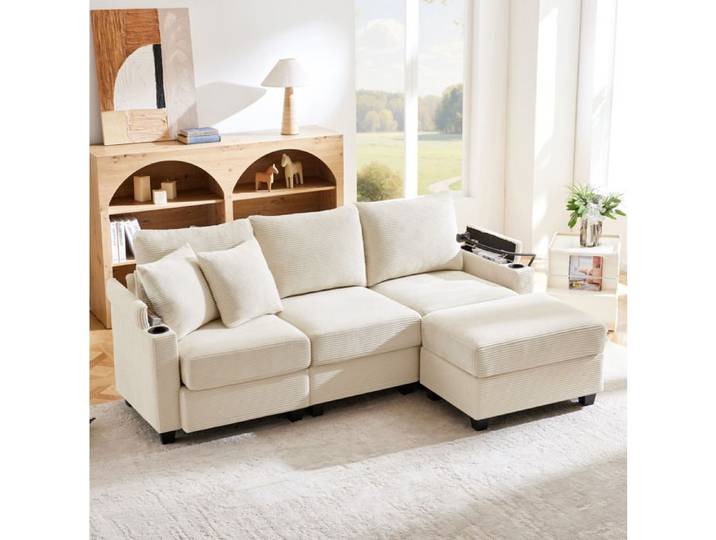 ELVORIN Canapé d angle modulable 213 5 x 139 x 87 cm velours côtelé beige port USB repose bras