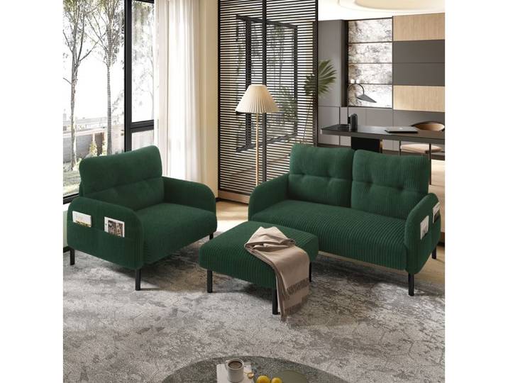 Ensemble de Canapés avec 1 Canapé 2 Places 1 Fauteuil et 1 Repose-pieds - Velours Côtelé - Vert Émeraude