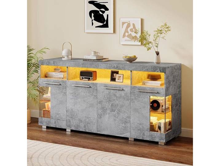 Buffet avec éclairage LED commode brillante meuble de rangement avec portes en verre armoire de rangement pour BUFFET DE CUISINE
