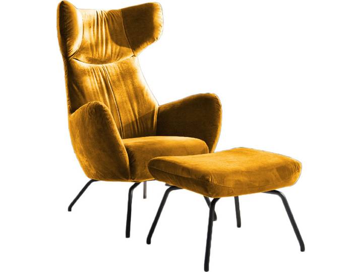 KAWOLA Sessel LOTTE Ohrensessel velvet curry mit Hocker