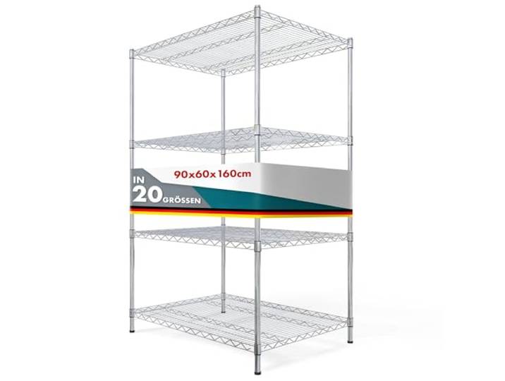 Floordirekt Metallregal dekoratives & Robustes Lagerregal, Kellerregal für Bad, Küche, Büro, Wohn- und Außenräume (90x60x160-chrome Himalaya: ⌀ 25mm)